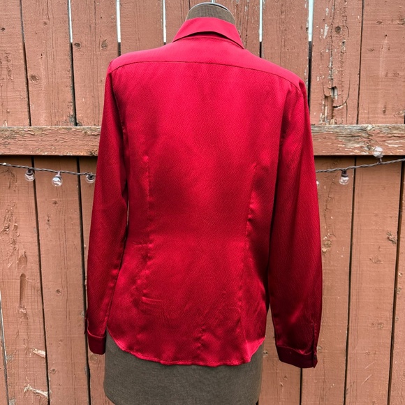 Festive Vintage 90s Deep Red  Silk Ruffle Blouse - Picture 3 of 9